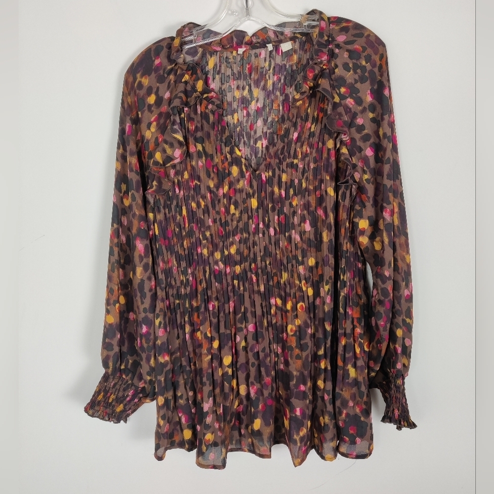 Sunny Leigh Size 2X - Vibrant Polka Dot Pleated Blouse NEW Brown V Neck Colorful